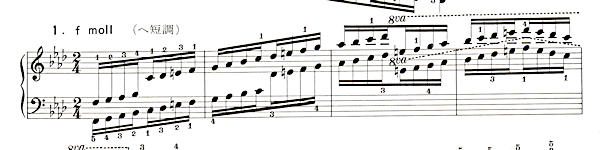 ハノン39番 ヘ短調スケールの楽譜、1-4小節