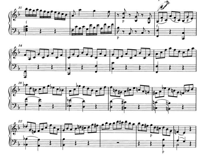 モーツァルト ：ピアノ・ソナタ第2番K.280 第1楽章 ヘ長調の楽譜、10-26小節