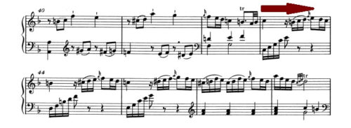 モーツァルト：ピアノ・ソナタ第2番K.280 第1楽章、40-47小節