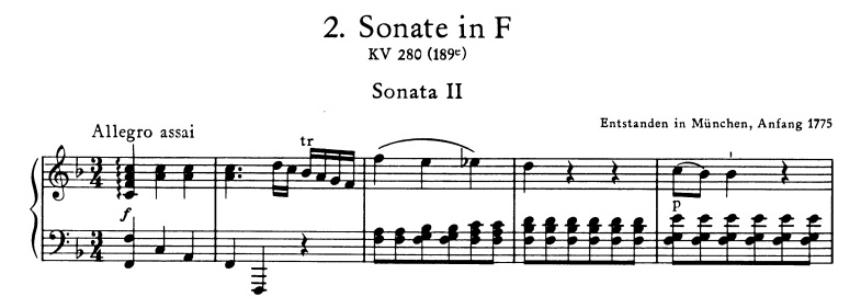 モーツァルト :ピアノ・ソナタ第2番K.280 第1楽章 ヘ長調の楽譜、1-5小節