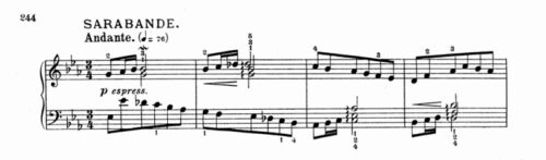 バッハ：フランス組曲第4番 サラバンドの楽譜、1-4小節