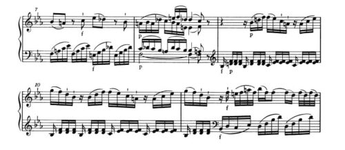 モーツァルト：ピアノ・ソナタ第4番K.282 第1楽章 変ホ長調の楽譜、7-11小節
