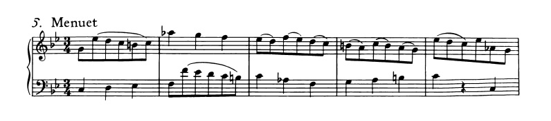 バッハ：フランス組曲第2番 メヌエットの楽譜、1-5小節