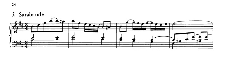 バッハ：フランス組曲第3番 サラバンドの楽譜、1-4小節