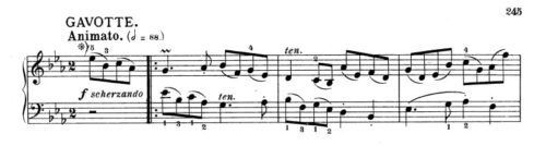バッハ：フランス組曲第4番 ガボットの楽譜、1-3小節