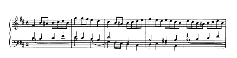 バッハ：フランス組曲第3番 アングレーズの楽譜、1-5小節