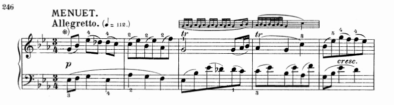 バッハ：フランス組曲第4番 メヌエットの楽譜、1-5小節