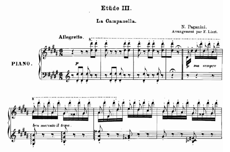 リスト：パガニーニ大練習曲集 第3曲 「ラ・カンパネラ」 S.141 R.3b 嬰ト短調の楽譜、1-7小節
