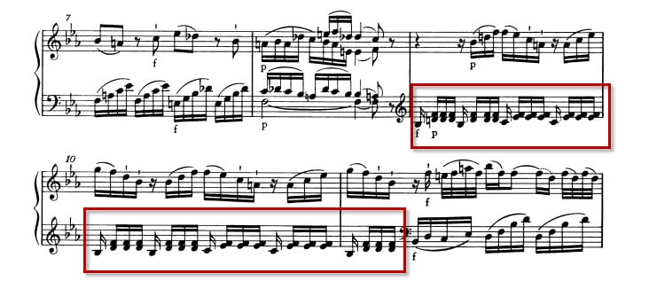 モーツァルト：ピアノ・ソナタ第4番K.282 第1楽章 変ホ長調の楽譜、7-11小節、9-11小節の左手和音