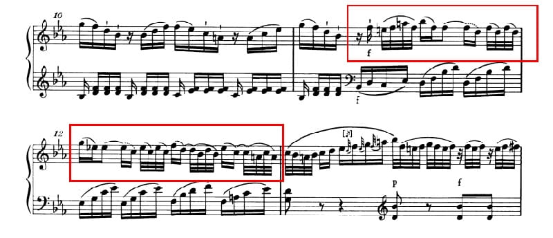 モーツァルト：ピアノ・ソナタ第4番K.282 第1楽章 変ホ長調の楽譜、10-13小節