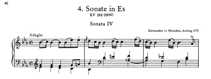 モーツァルト：ピアノ・ソナタ第4番K.282 第1楽章 変ホ長調の楽譜、1-3小節2