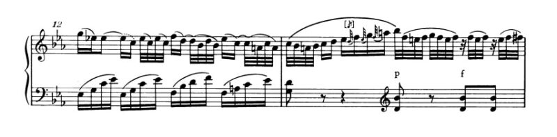 モーツァルト：ピアノ・ソナタ第4番K.282 第1楽章 変ホ長調の楽譜、12-13小節