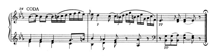 モーツァルト：ピアノ・ソナタ第4番K.282 第1楽章 変ホ長調の楽譜、34-36小節