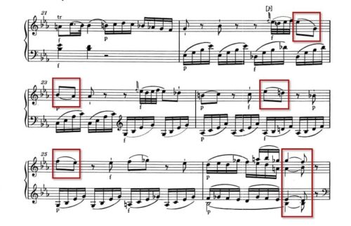 モーツァルト：ピアノ・ソナタ第4番K.282 第1楽章 変ホ長調の楽譜、21-26小節