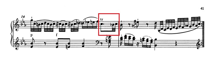 モーツァルト：ピアノ・ソナタ第4番K.282 第1楽章 変ホ長調の楽譜、14-15小節