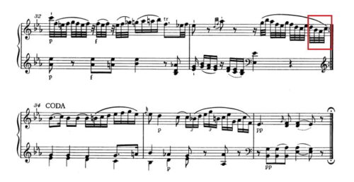 モーツァルト：ピアノ・ソナタ第4番K.282 第1楽章 変ホ長調の楽譜、32-36小節