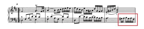 バッハ：フランス組曲第3番 サラバンドの楽譜、9-12小節