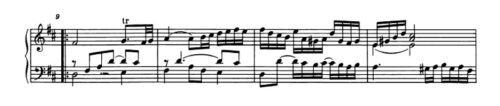 バッハ：フランス組曲第3番 サラバンドの楽譜、9-12小節