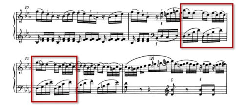 モーツァルト：ピアノ・ソナタ第4番K.282 第1楽章 変ホ長調、11-12小節