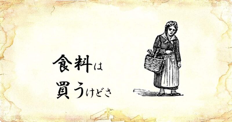 「食料は買うけどさ」という文字と、「買い物カゴを持った女性」のイラスト